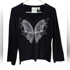 Michael Simon Beaded Embroidered Butterfly Blouse Womens Large Black Witch Fairy